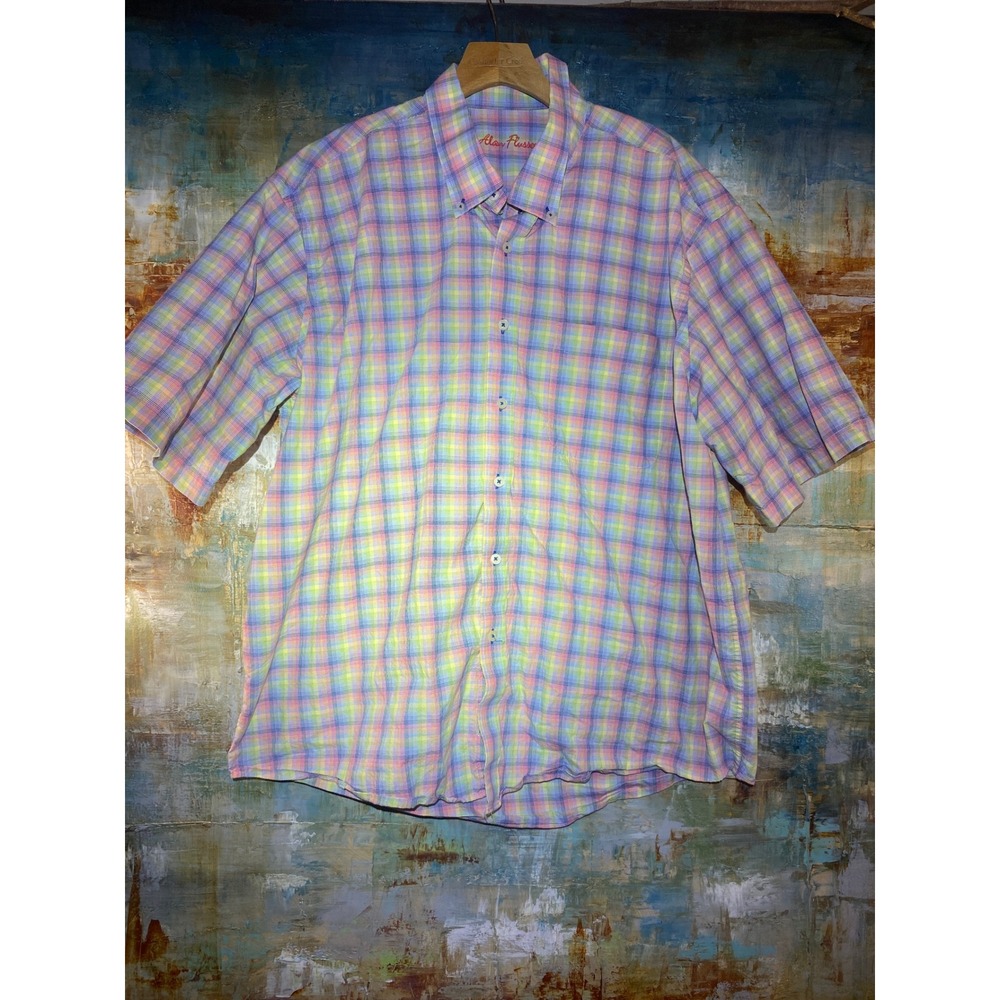 Alan Flusser Mens XXL Short Sleeve Button Down Shirt Pastel Plaid Cotton Multi